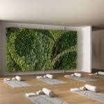 Empty yoga studio interior design, space with mats, hammocks, pillows and accessories, parquet, mirror, vertical garden and big panoramic window, ready for yoga practice, meditation